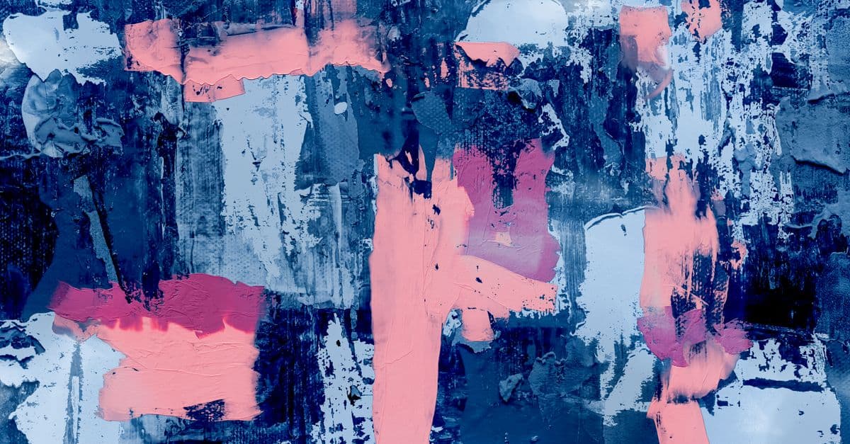 Bold abstract painting with blue and pink textured layers creating a dynamic expressionist art piece.