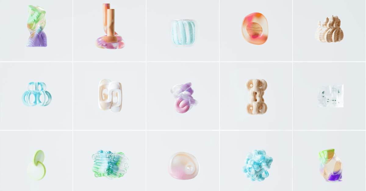 Collection of abstract 3D rendered organic shapes in soft pastel colors.