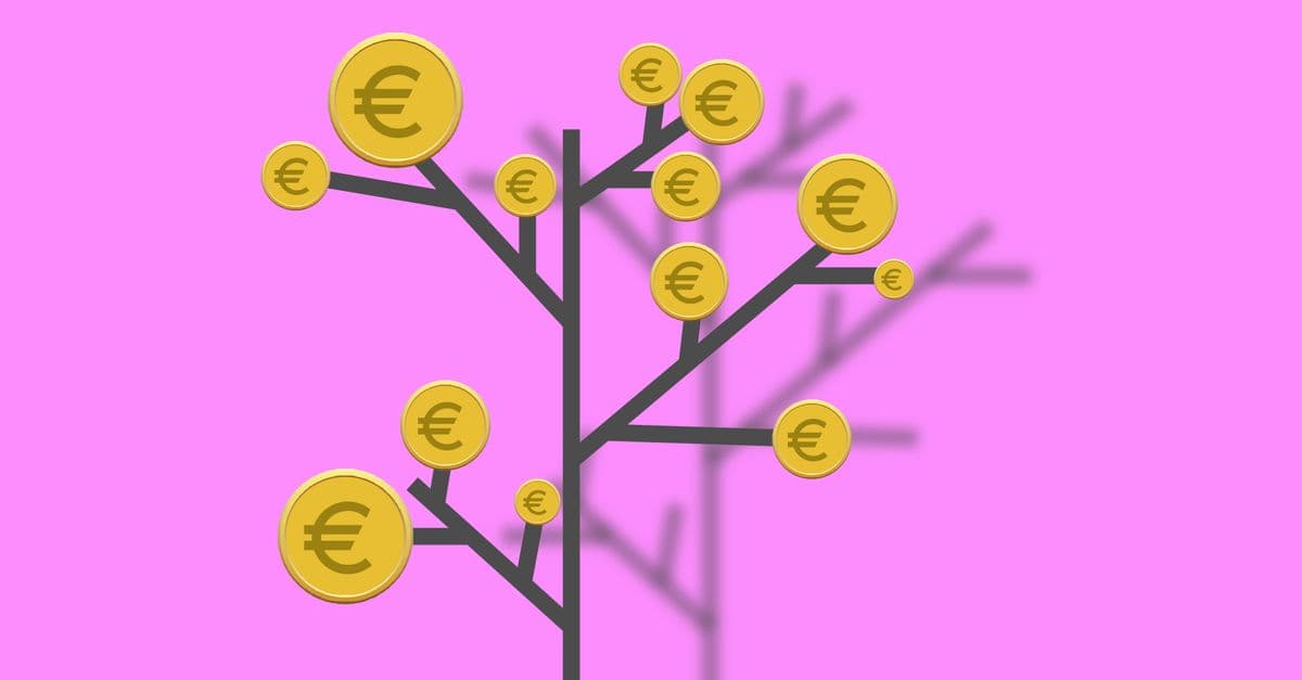 Euro coins on tree branches on pink background of illustration with currency concept