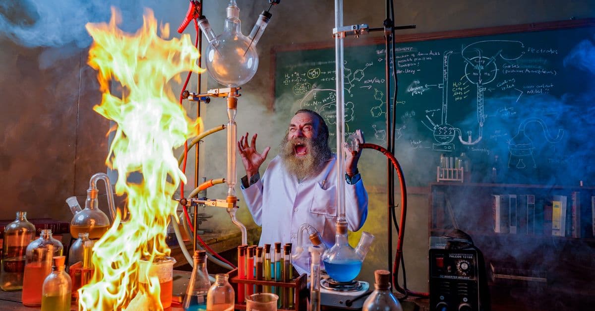 A dynamic scene of a scientist in a lab with chemical experiments and fire.