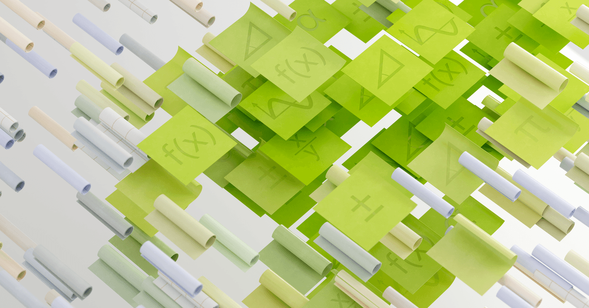 Dynamic abstract image with mathematical symbols on floating papers, vibrant and conceptual.