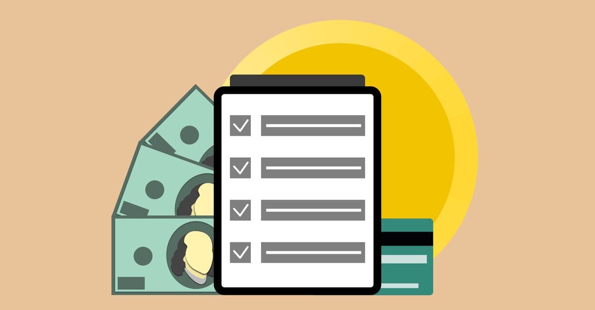 Vector illustration of modern tablet with check marks placed near dollar banknotes and credit card
