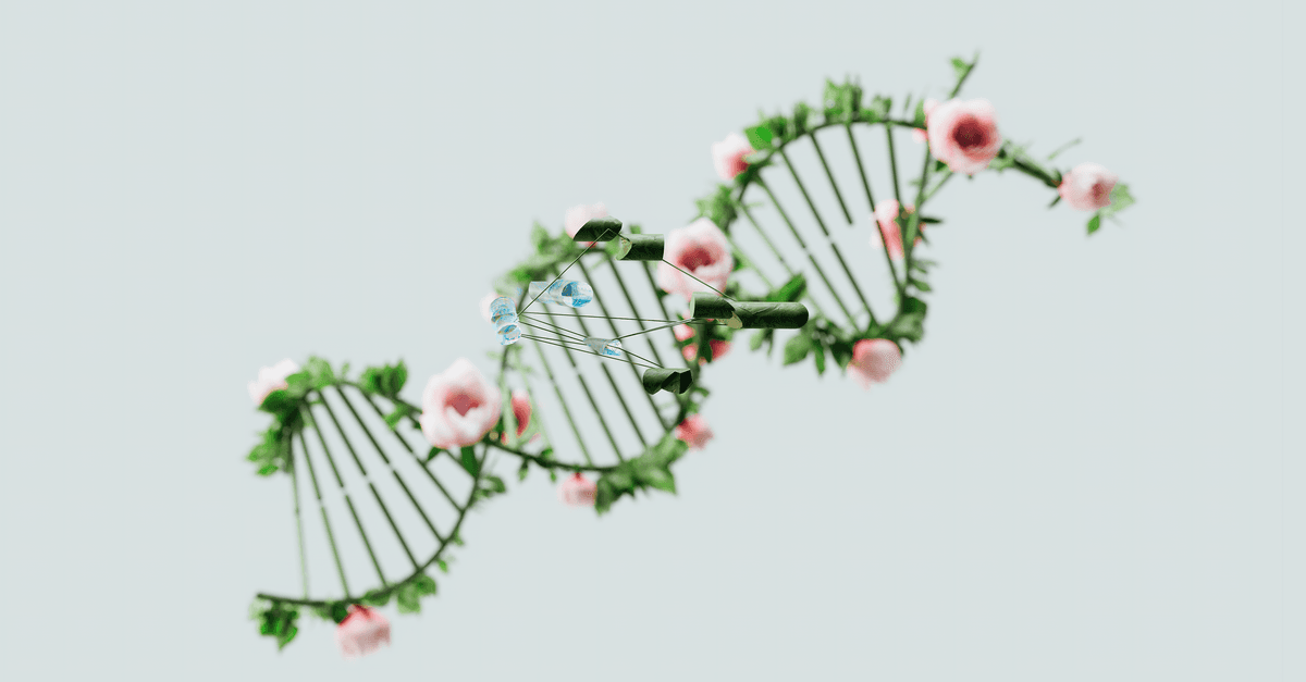 A conceptual representation of a DNA helix adorned with pink flowers and green leaves.
