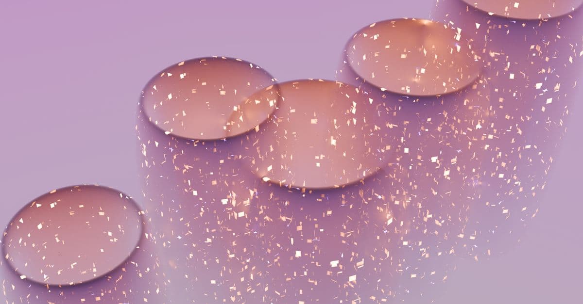 A 3D render of abstract cylindrical shapes with floating particles on a soft purple background.