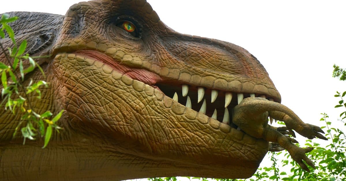 Detailed image of a Tyrannosaurus rex model in an outdoor setting, showcasing teeth and predator features.