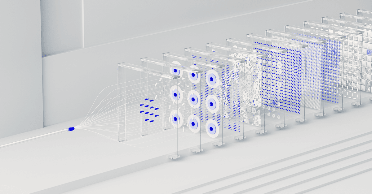 Visual abstraction of neural networks in AI technology, featuring data flow and algorithms.
