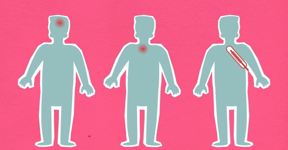 Cardboard illustration of human figures with viruses causing aches  and thermometer indicating fever during COVID 19 pandemic on pink background