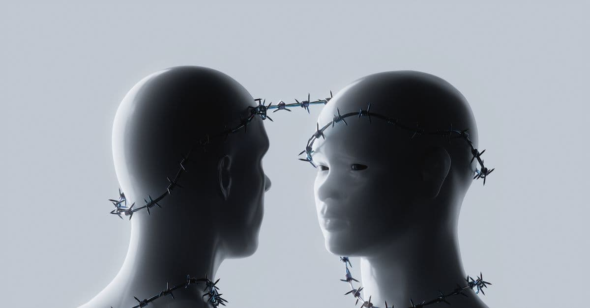 Two stylized human figures connected by barbed wire symbolizing emotional connection.