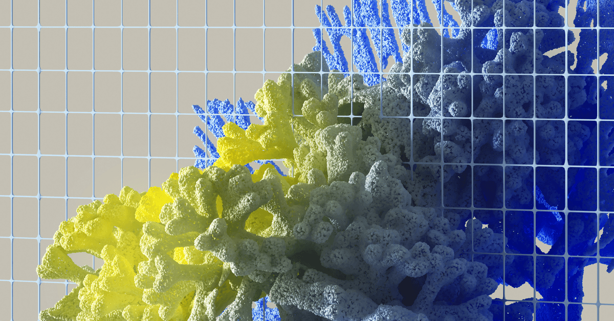 Vibrant abstract 3D render featuring colorful coral-like structures against a grid background.