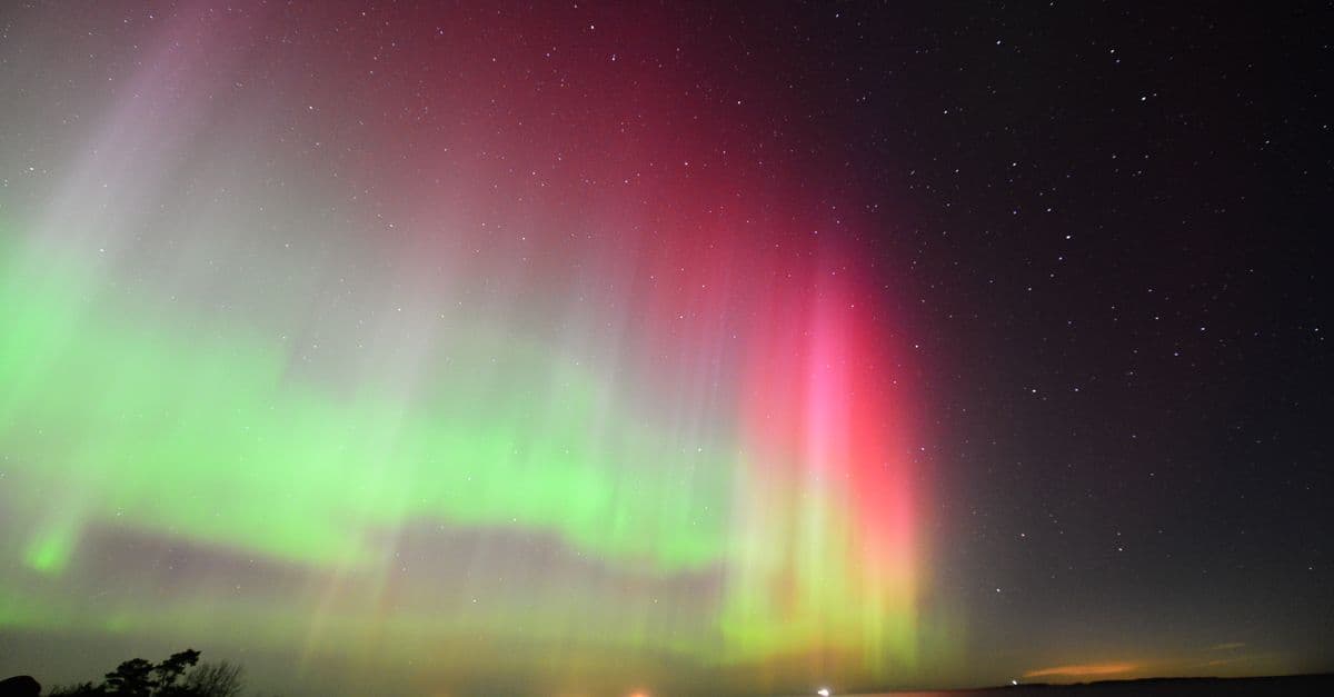 Mesmerizing aurora borealis lights up the night sky in vibrant hues over a calm lake shore.