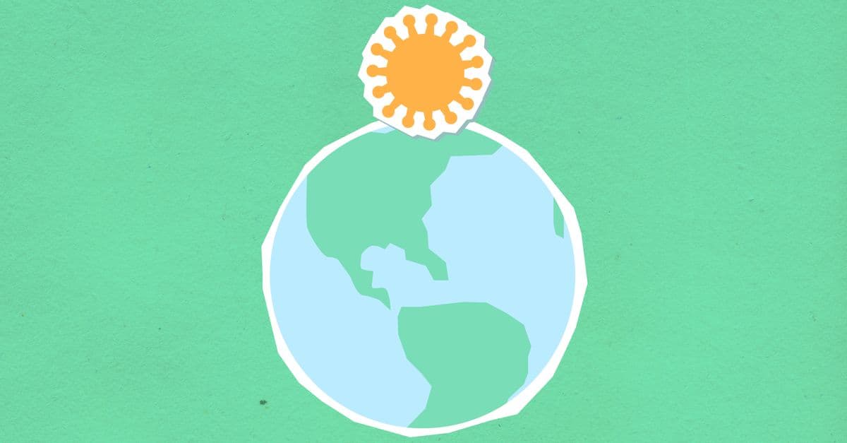 A minimalist illustration of Earth with a sun above it on a teal background.