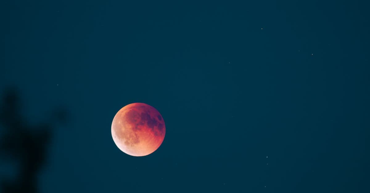 Capture of the blood moon surrounded by stars in a clear night sky.