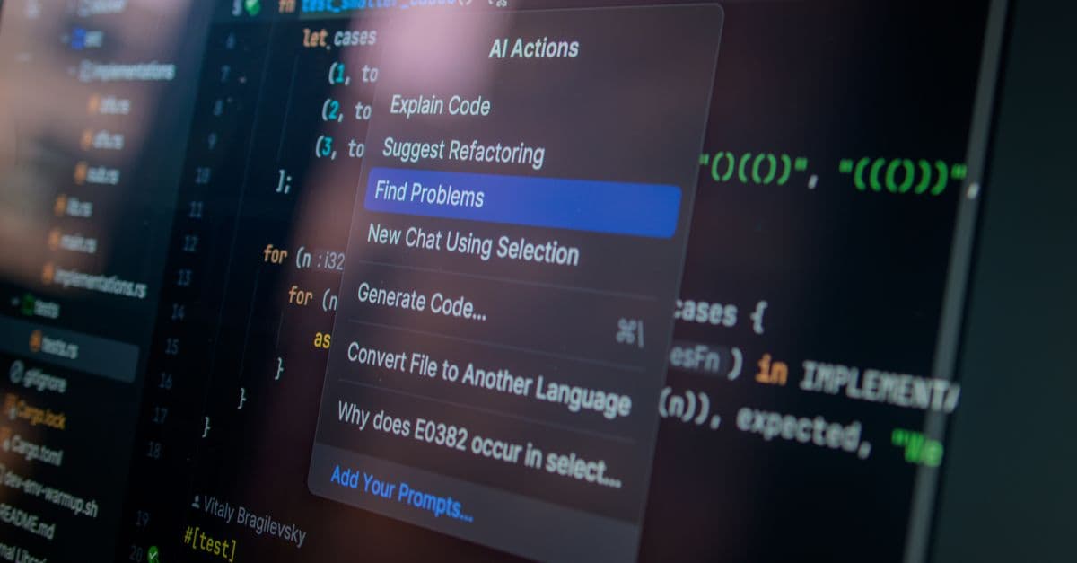 Detailed view of a computer screen displaying code with a menu of AI actions, illustrating modern software development.