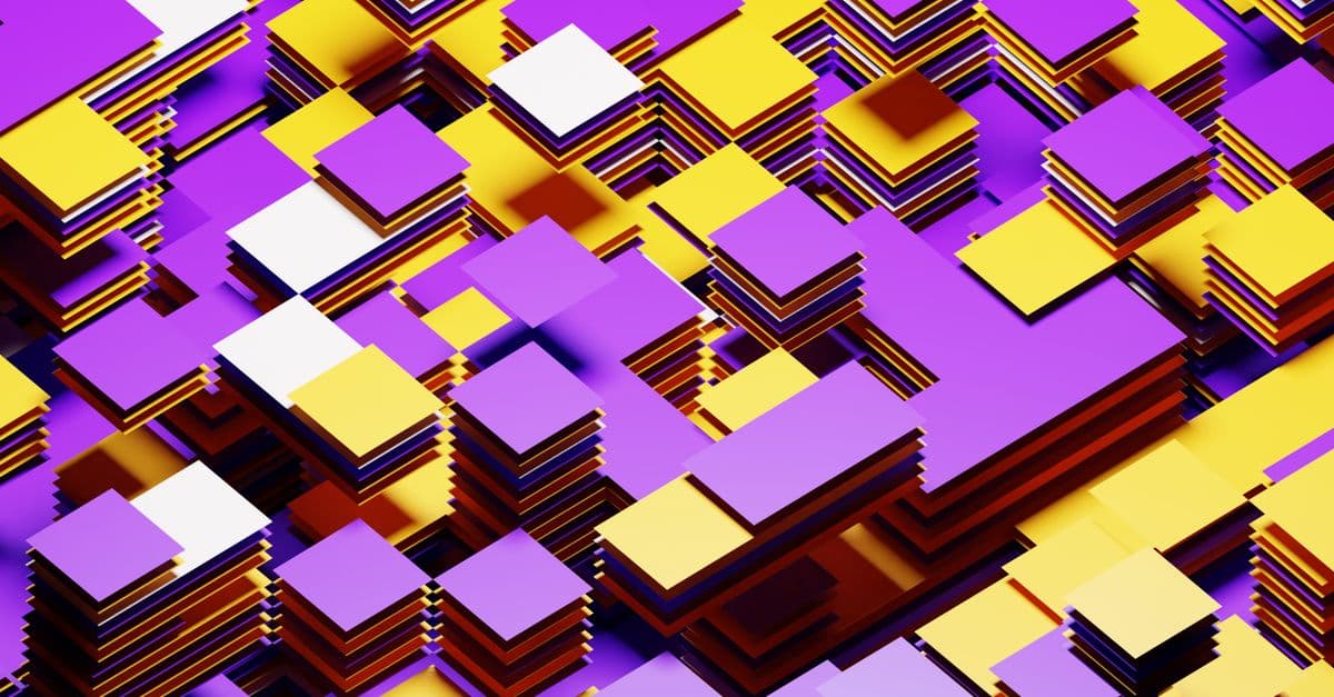 Vibrant 3D abstract geometric pattern with yellow, violet, and white blocks.