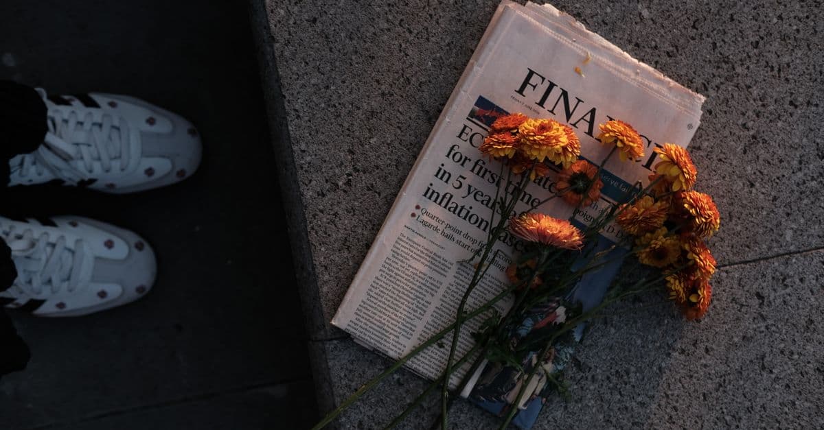 Yellow daisies placed on a financial newspaper on stone pavement during sunset.