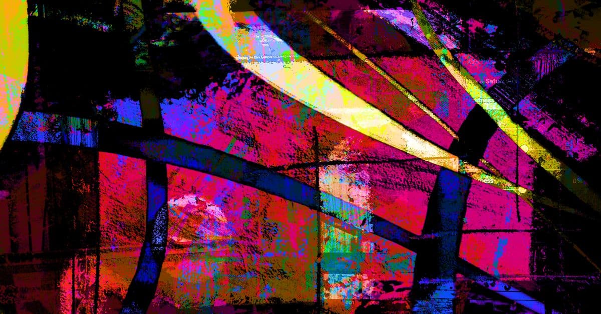 Colorful abstract art piece featuring vivid geometric patterns and multicolored stripes.