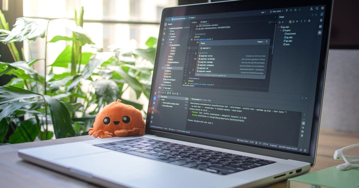 Laptop on desk with IDE open, showing coding environment, next to plush toy and greenery.
