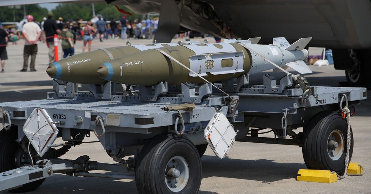 Close-up of military aircraft weapons on display at an airshow in Hampton, Virginia.