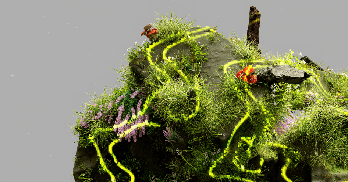 A conceptual landscape blending nature with digital AI elements.