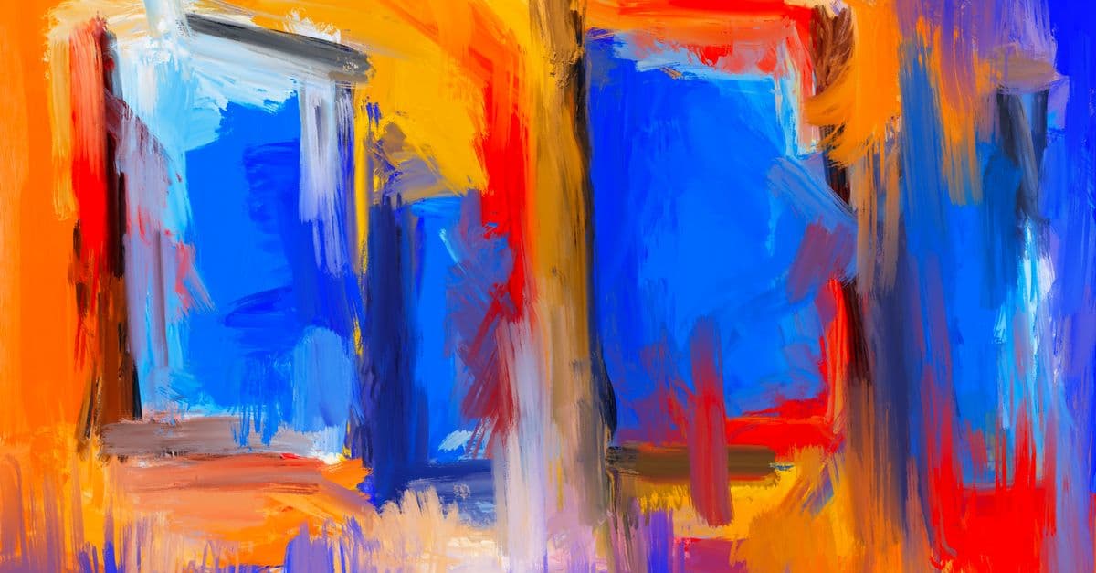 Dynamic abstract painting featuring striking blue, orange, and red hues.