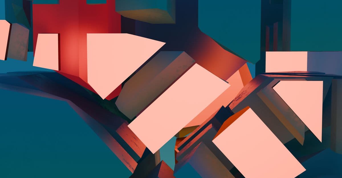 Dynamic abstract composition with 3D geometric shapes and bold colors