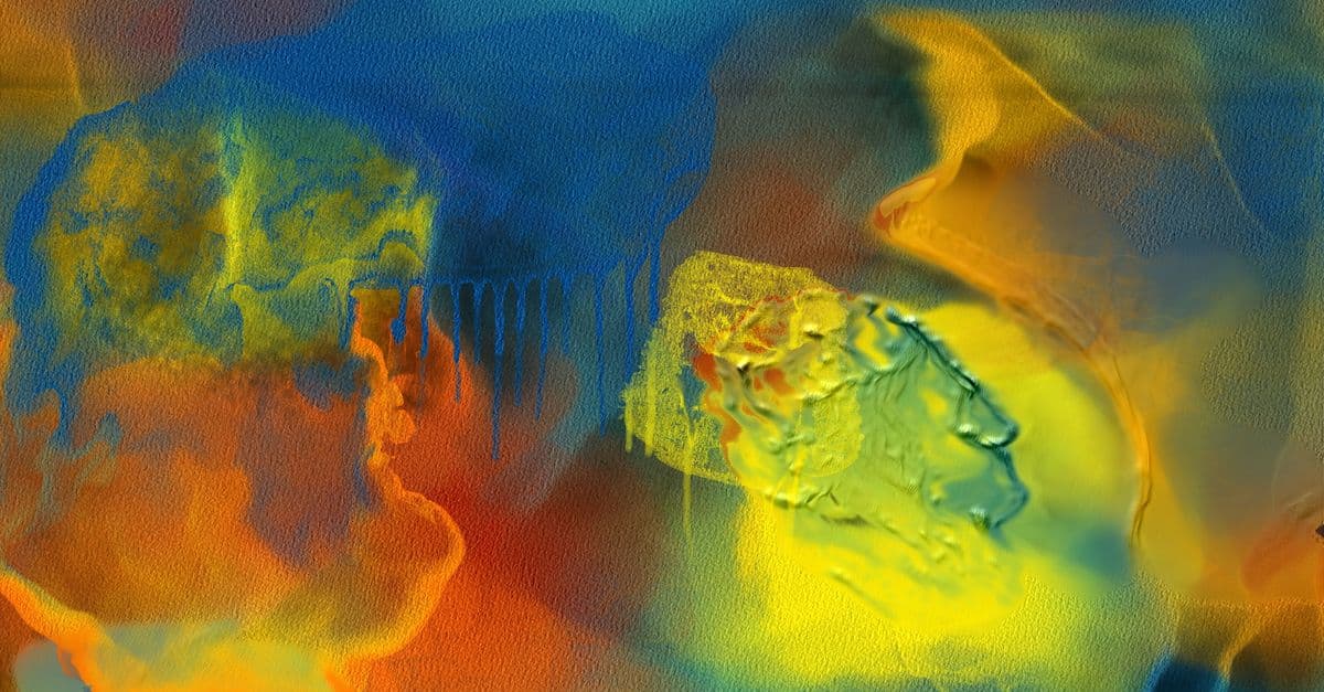 Dynamic abstract painting with vibrant blue, yellow, and orange hues showcasing fluid movement.