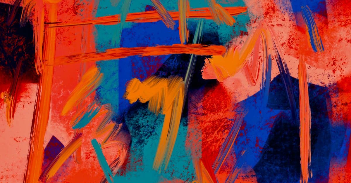 Dynamic abstract painting with vivid colors and bold brush strokes, perfect for art enthusiasts.