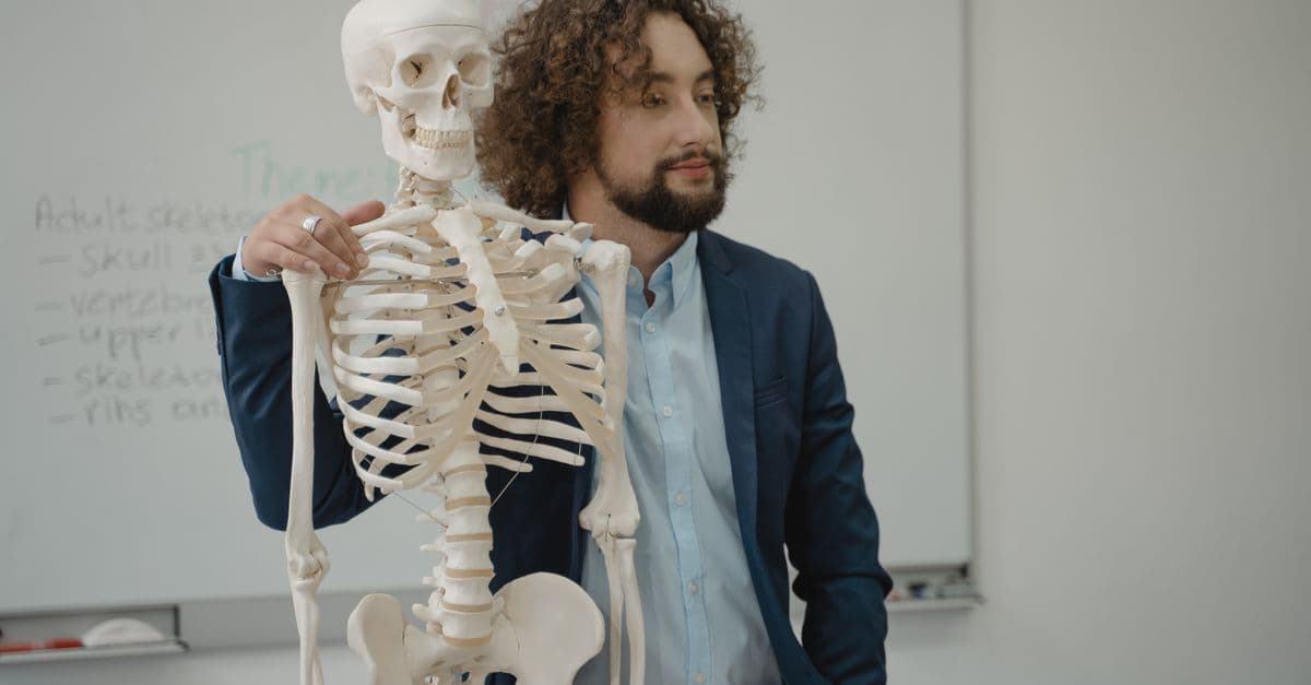 Educator demonstrating human skeleton model during a biology lesson in a school classroom.