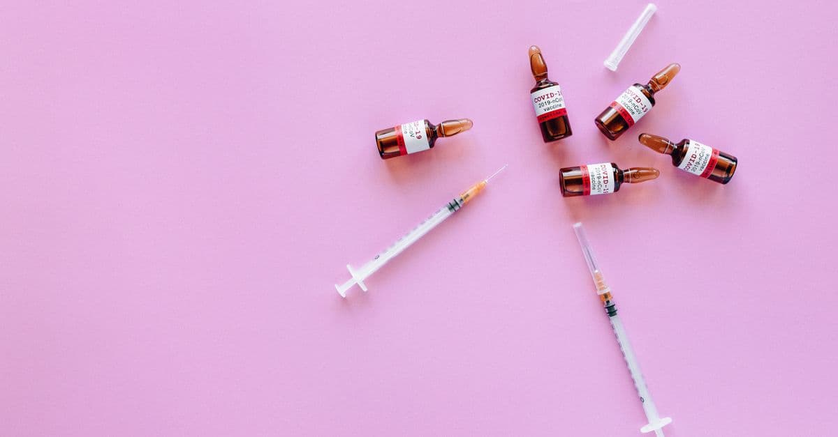 Vaccine vials and syringes displayed on a pink background, symbolizing healthcare and immunization.