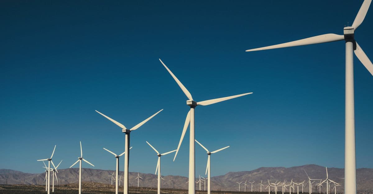 A vast landscape of wind turbines generating clean energy with a backdrop of mountains and a clear blue sky.