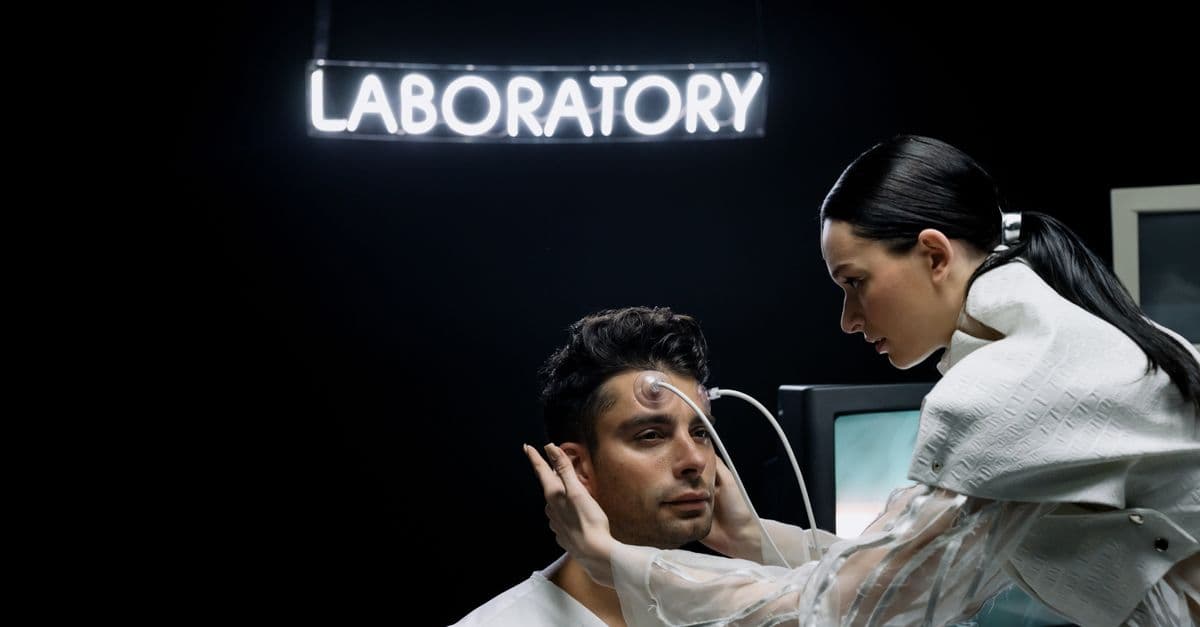 A woman conducts a medical examination on a man in a futuristic laboratory.
