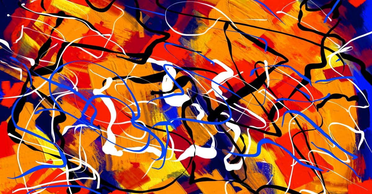 Energetic abstract painting featuring vivid colors and dynamic shapes.