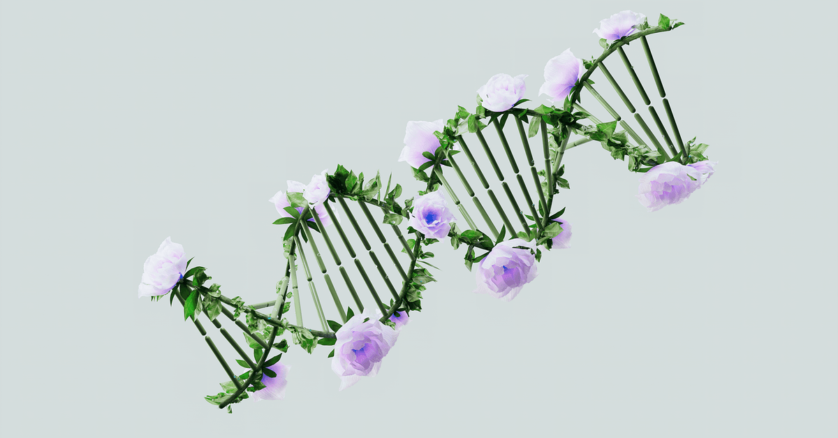 A creative representation of a DNA helix with blooming pastel roses, blending nature and science.