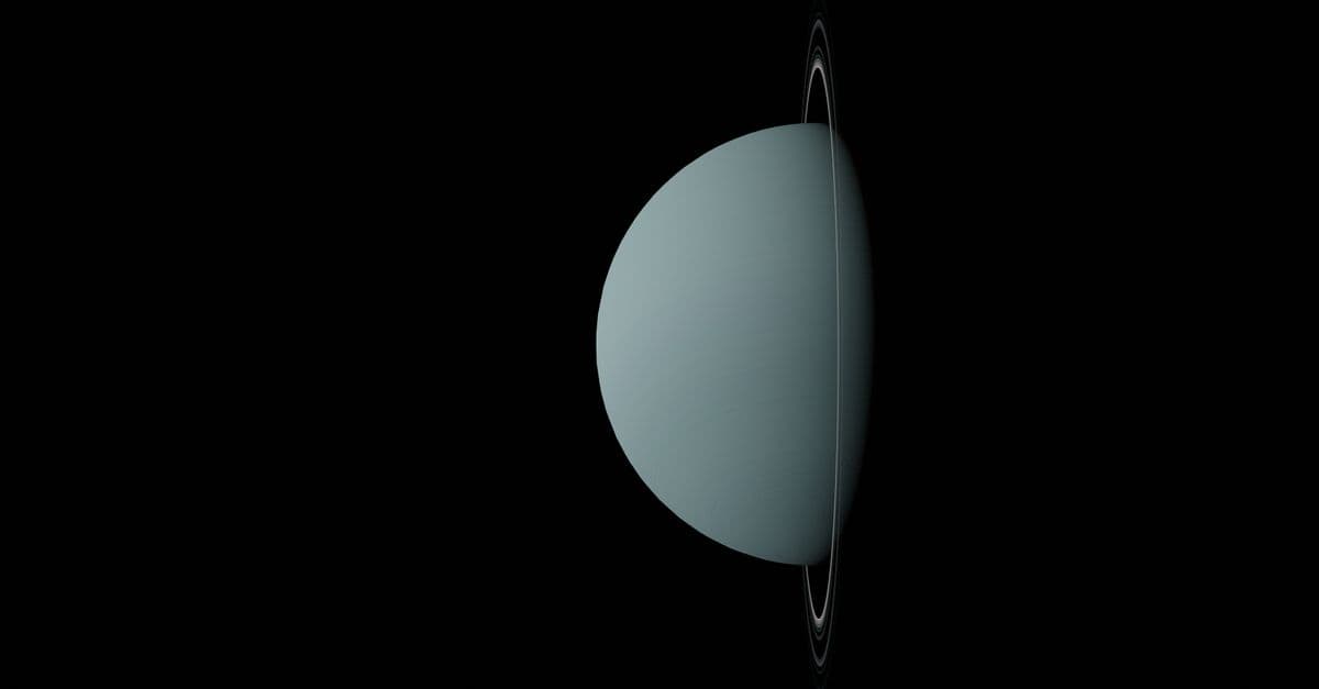 A digitally created image showcasing the planet Uranus with its smooth rings against a dark, outer space background.