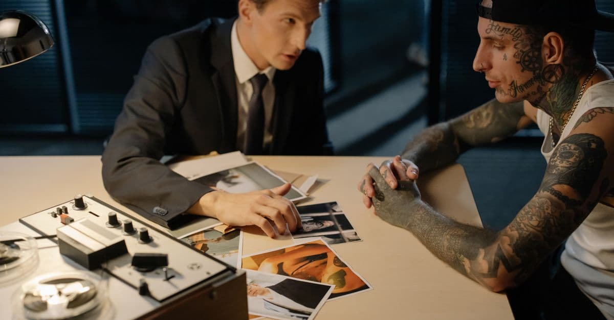Detective and tattooed suspect in an intense interrogation scene with photos on the table.