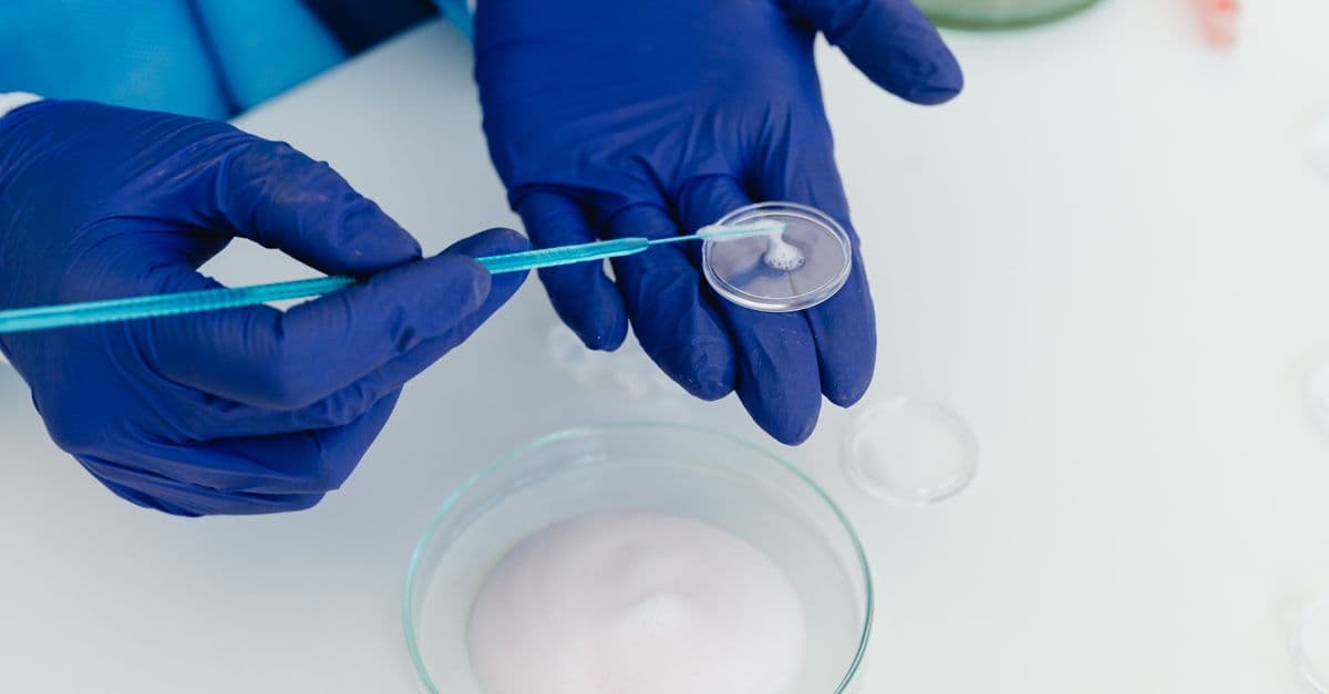 Researcher with gloves handling petri dish using laboratory equipment.