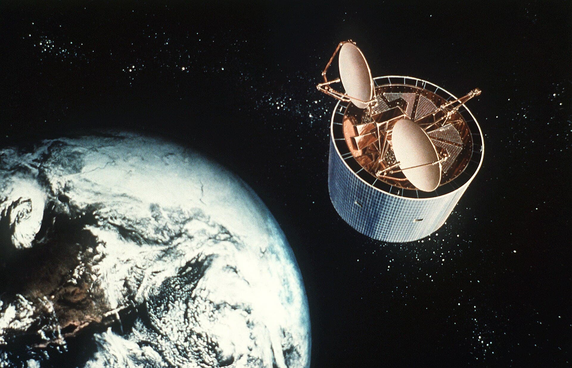 An artist’s concept of a communications satellite orbiting Earth.