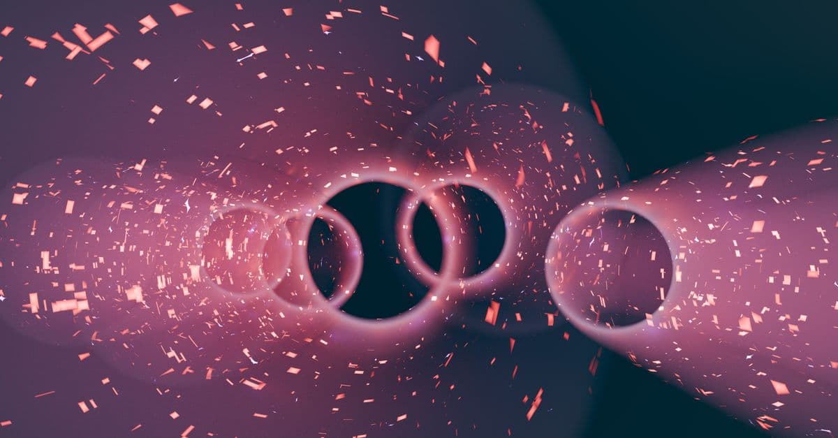 A mesmerizing abstract digital render of a tunnel with pink particle effects and circular forms.