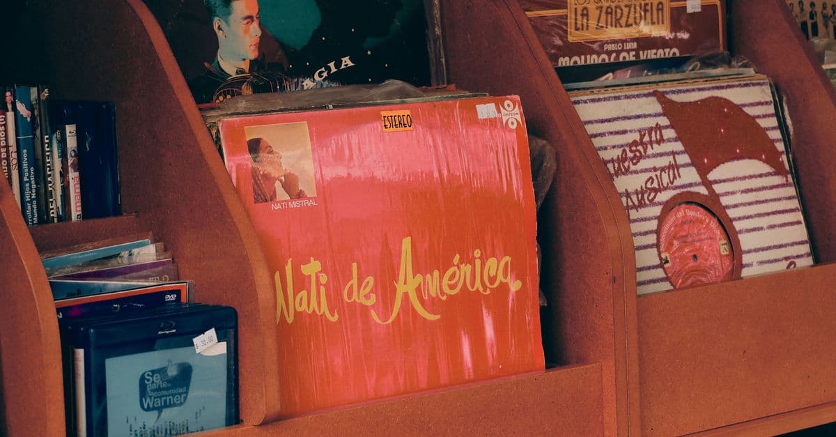 Close-up of vinyl records in a Mexican music store showcasing nostalgic retro vibes.