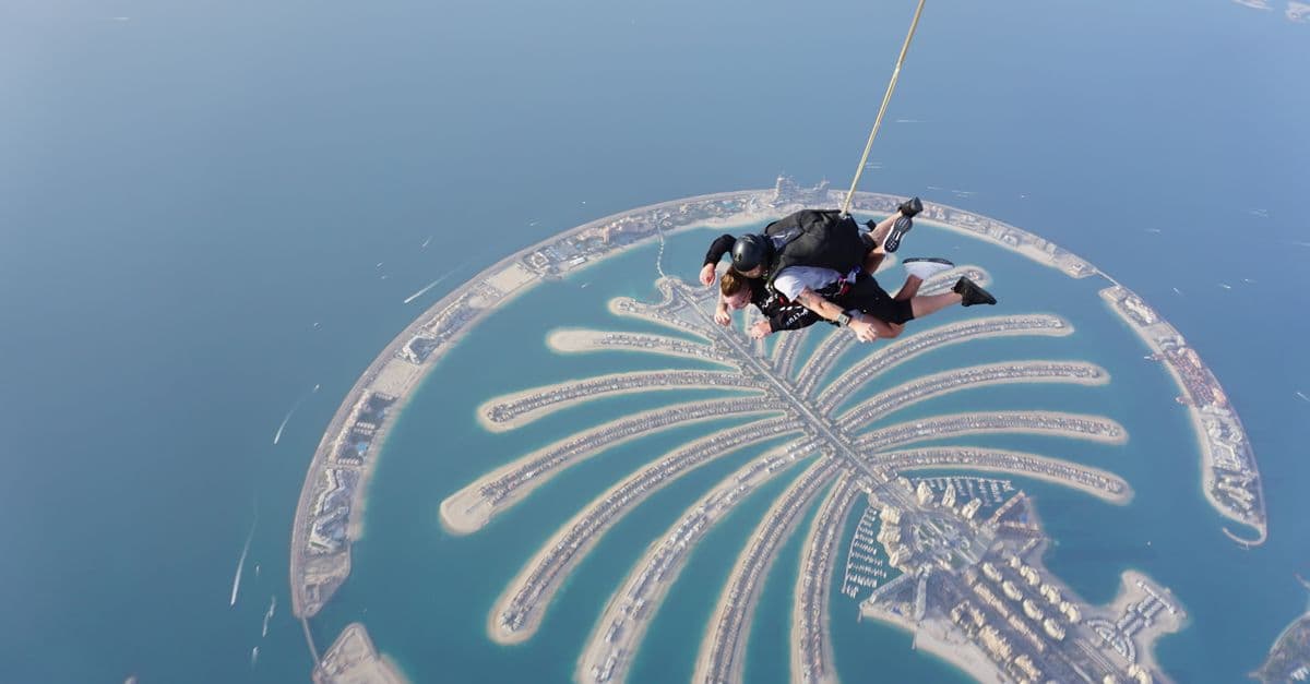 Thrilling skydiving experience over the iconic Palm Jumeirah in Dubai, offering breathtaking aerial views.