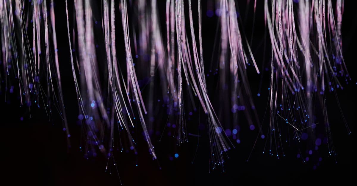Abstract image of ethereal fiber optic strands cascading with glowing blue lights.