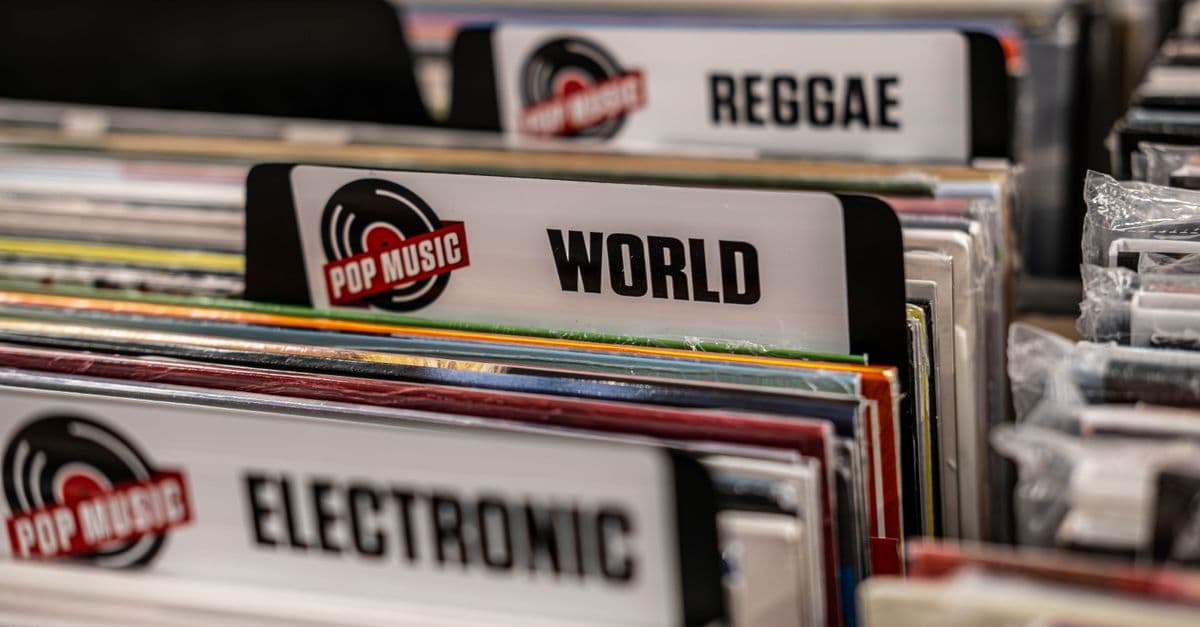 Close-up of vinyl records categorized by music genres at a Toronto store.