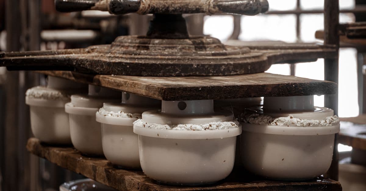 Close-up of cheese molds during traditional cheese making process indoors.
