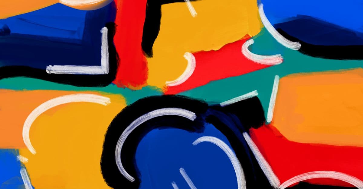 Vibrant abstract painting featuring dynamic shapes and bold, contrasting colors in a modern art style.