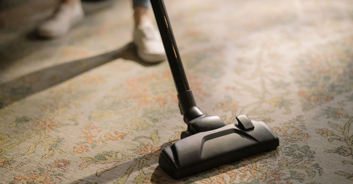 Close-up of a vacuum cleaner on a patterned carpet in a sunlit room, capturing a moment of household cleaning.