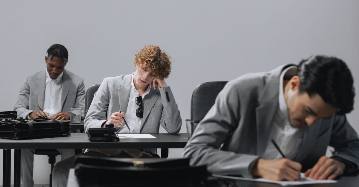 Three professionals in gray suits concentrating on paperwork in a modern office.