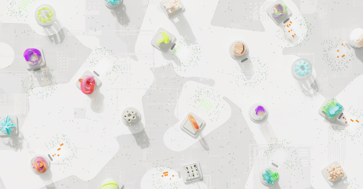 A vibrant 3D render of geometric shapes scattered over a circuit-like background.