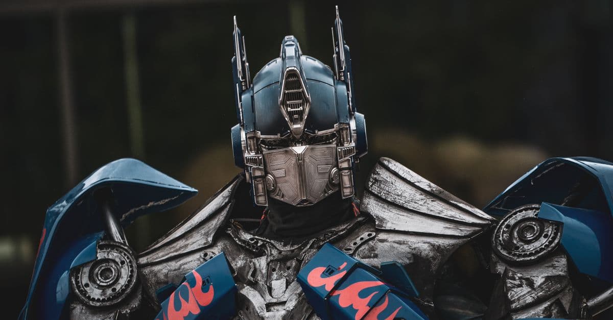 Close-up of a detailed transformer cosplay costume capturing intricate mechanical design.