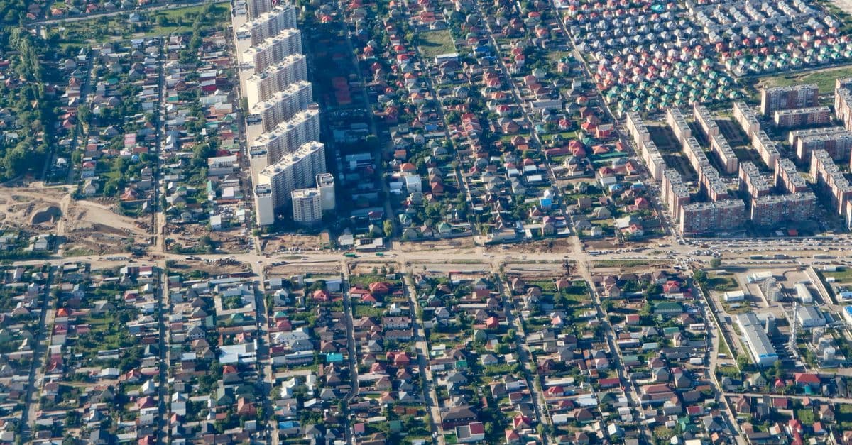Aerial shot showcasing the diverse suburban architecture of Almaty, Kazakhstan.