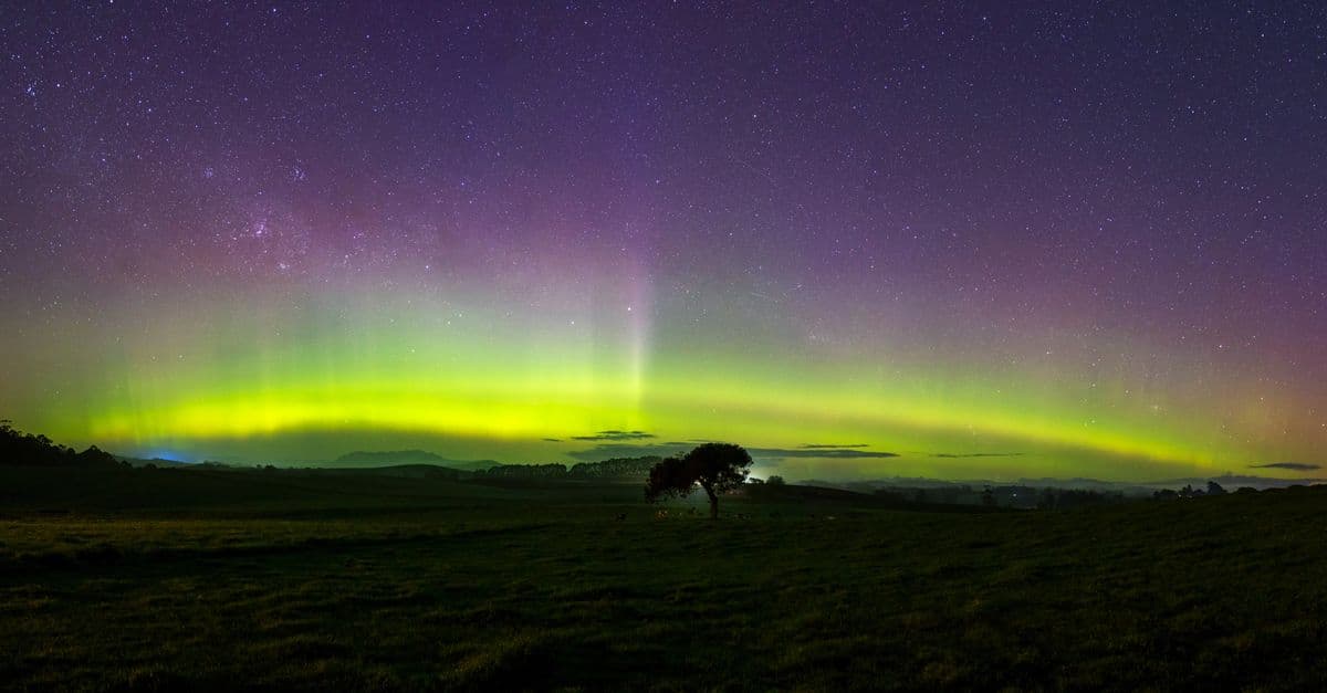 Stunning display of the aurora australis over the night sky in Sheffield, Tasmania, Australia.